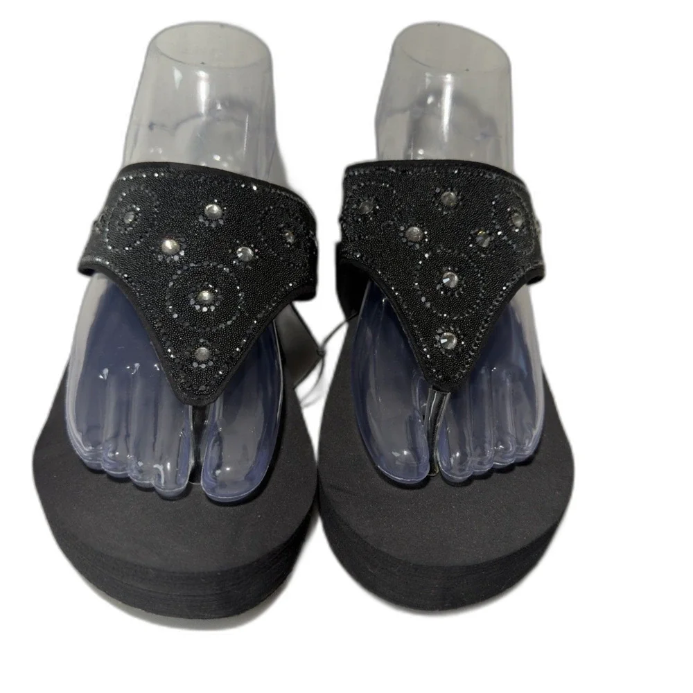 Sun & Sky Women’s Rhinestone Beaded Slip-On Wedge Platform Sandals Black 9-10